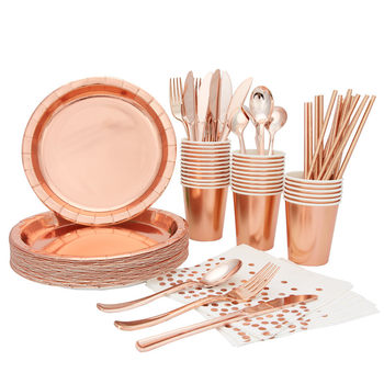 Rose gold disposable tableware suit hotel restaurant Western party party supplies paper paper plate paper cup