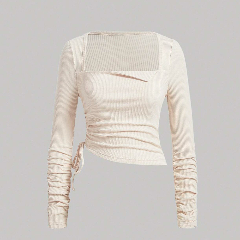 Womens Long Sleeve T Shirt Drawstring Ruched Slim Fit Stretch Fabric Square Neck Casual Wear Wholesale