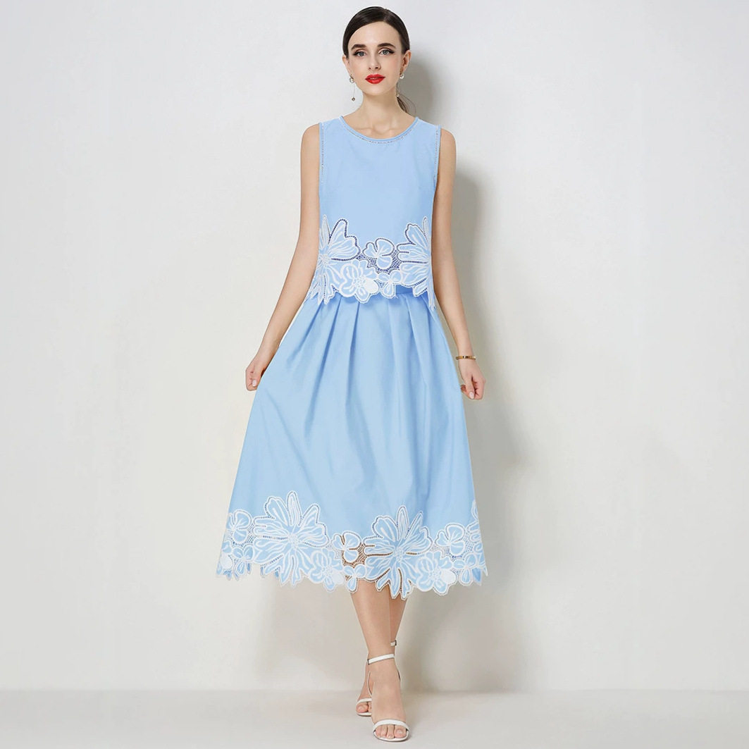 Floral Lace Hollow Vest and Skirt Set Slim Fit Elegant Design Summer Style Perfect for Office Wear Wholesale