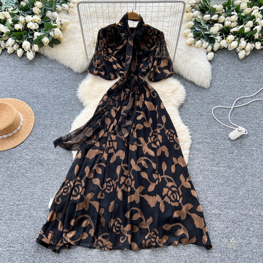 French Style Lantern Sleeve Dress Bow Tie Waist Defined Floral Mesh Elegant and Flowing Perfect for Parties and