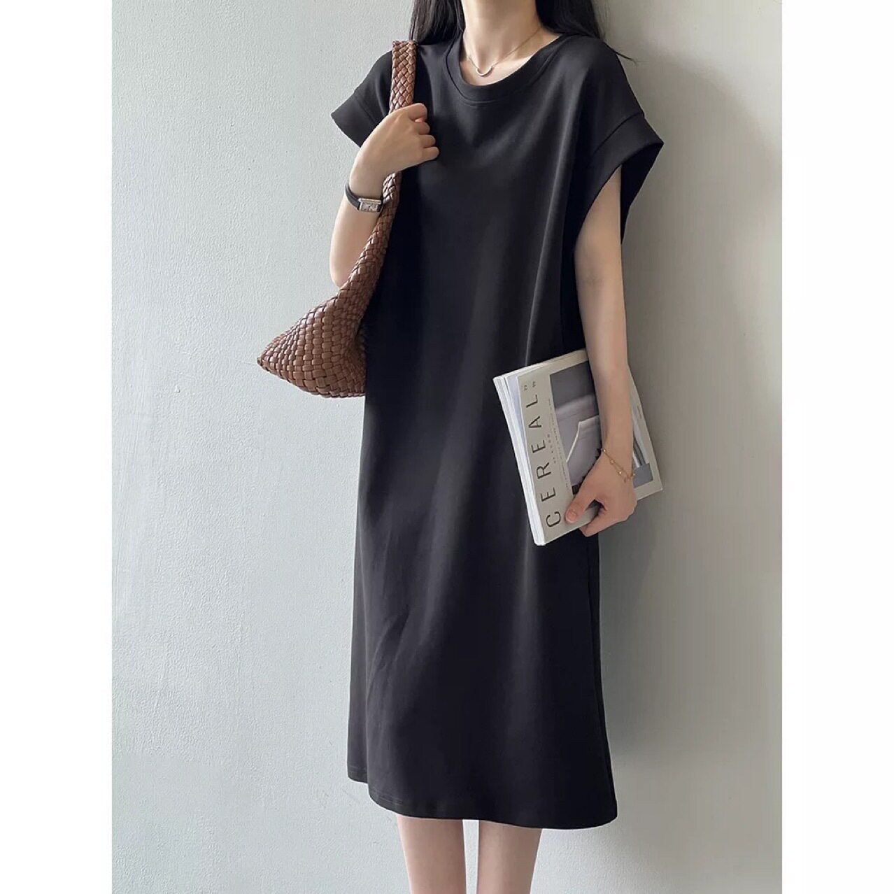日韩休闲夏季大码飞飞袖连衣裙法式防走光宽松小众中长款T恤裙女