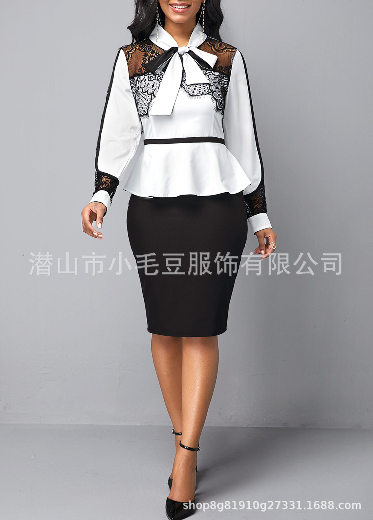Lace Panel Color Block High Waist Slim Fit Womens Career Dress Elegant Design Versatile Style Suitable for Office Wear