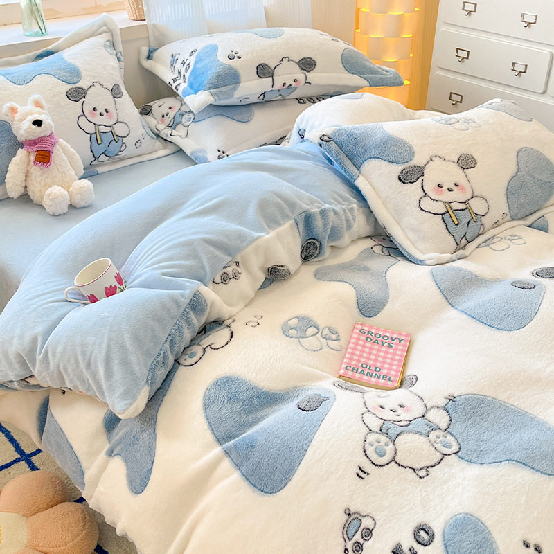 Cartoon Snowflake Milk Velvet Bedding Four-piece Set Autumn and Winter Children's Thickened Coral Velvet Quilt Cover Bed Sheet Three-piece Set