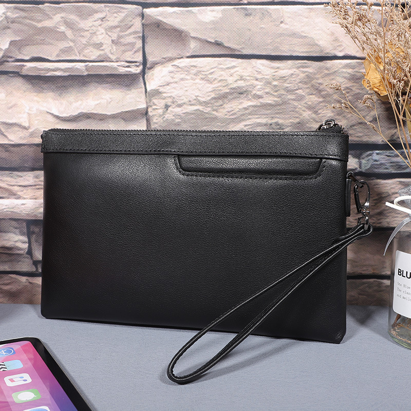 Túi clutch nam da bò thật cầm tay dáng dài đựng tài liệu — Màu đen