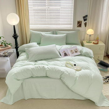 Ins Super Soft Pure Cotton Four-Piece Set Class a Cream Style Pure Color Cotton Double Combination Naked Sleeping Washed Cotton Bed Bed Sheets Quilt Cover Three Pieces