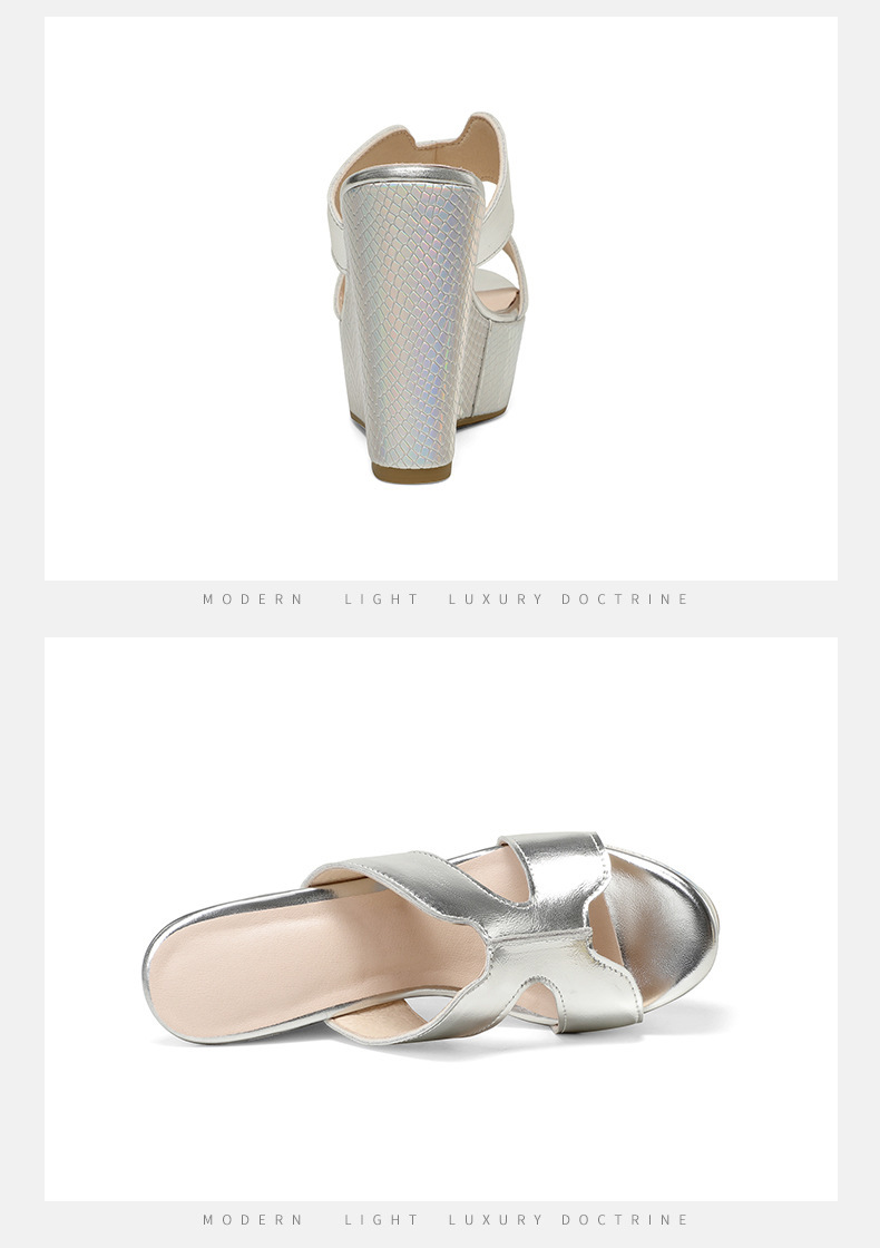 Sandal nữ gót xuồng siêu cao 12cm mũi vuông hở ngón, đế dày 4cm bằng da bò thật — Màu bạc, màu vàng kim