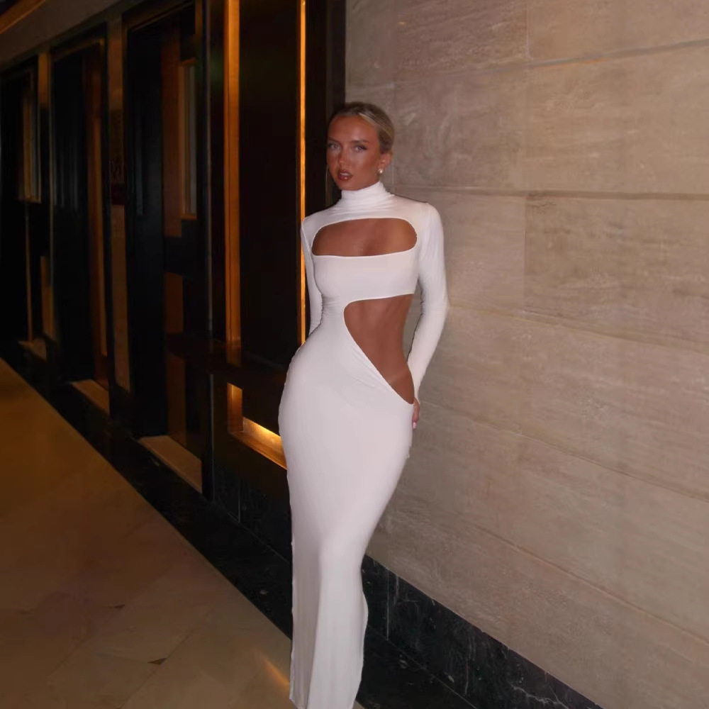 Elegant High Neck Long Sleeve Bodycon Dress Hollow Out Design Solid Color Slim Fit Perfect for Evening Events