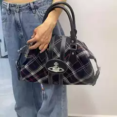 2025 Guzhong Bowling Bag Single Shoulder Handbag Color-Blocked Plaid Saturn Orb Tote Bag Street Style Large Capacity