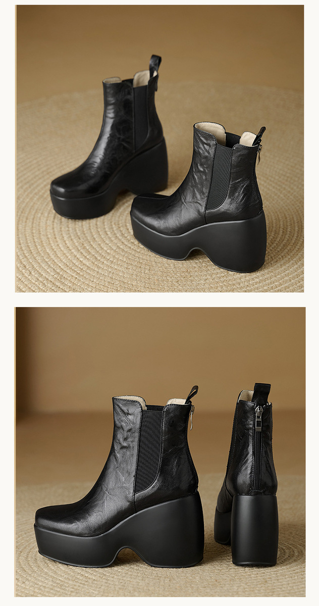 Boot nữ cổ ngắn đế dày gót xuồng mũi tròn da cừu phong cách cổ điển — màu đen, Màu nâu
