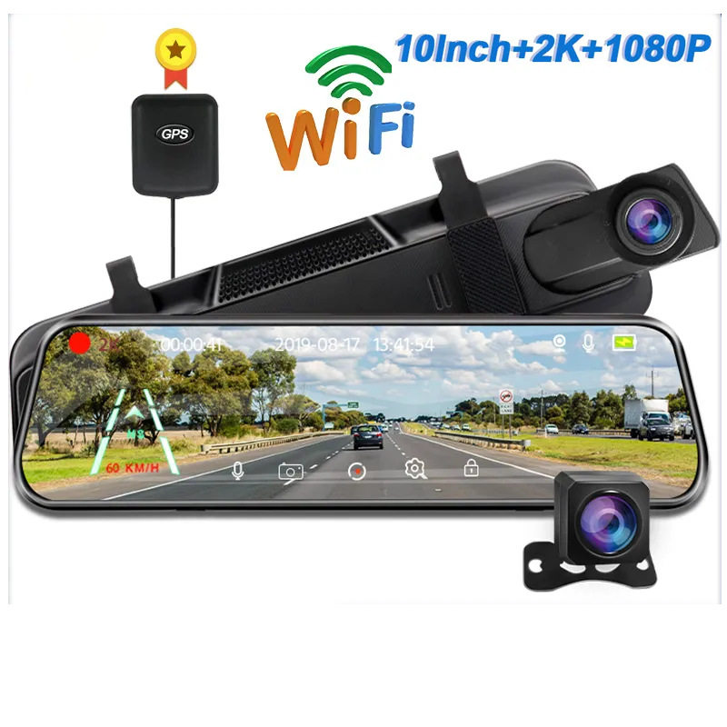 10inch Full Screen Hd 4K Rearview Mirror Streaming Driving Recorder Dual Lens with Reversing Image with Wifi