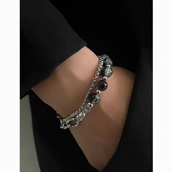 Double-Layer Ice Cracked Beads Spliced ​​Titanium Steel Bracelet, Light Luxury and High-End Bracelet, Niche Design, Cool Style Bracelet for Girls