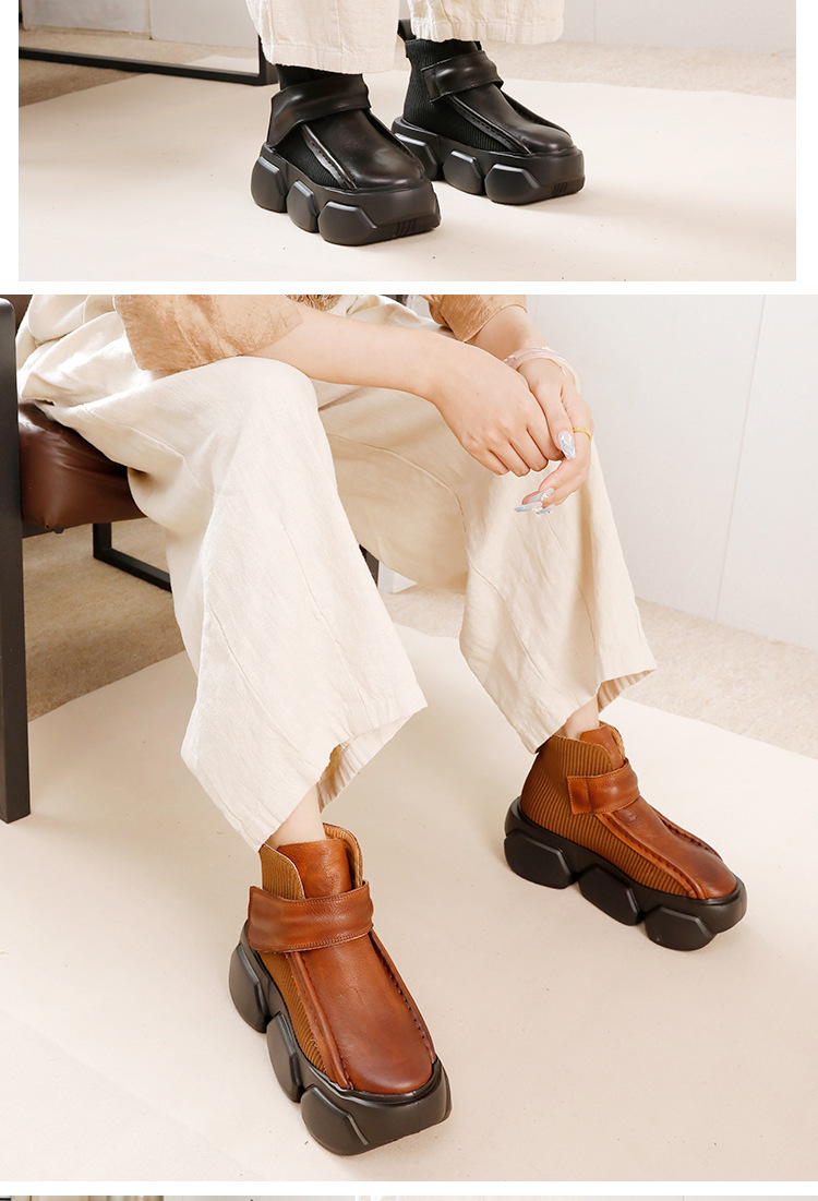 Boot nữ cổ thấp da bò thật đế dày phong cách cổ điển — Màu đen, Màu nâu đậm