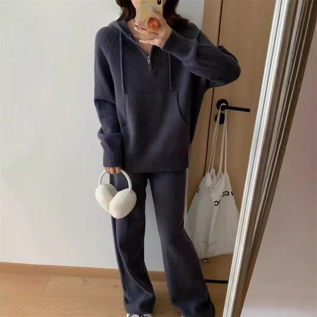 2025 New Autumn and Winter Fashion Suit Hooded Knitwear Slimming Look Wide-Leg Pants Knitted Suit Women's Two-Piece Set