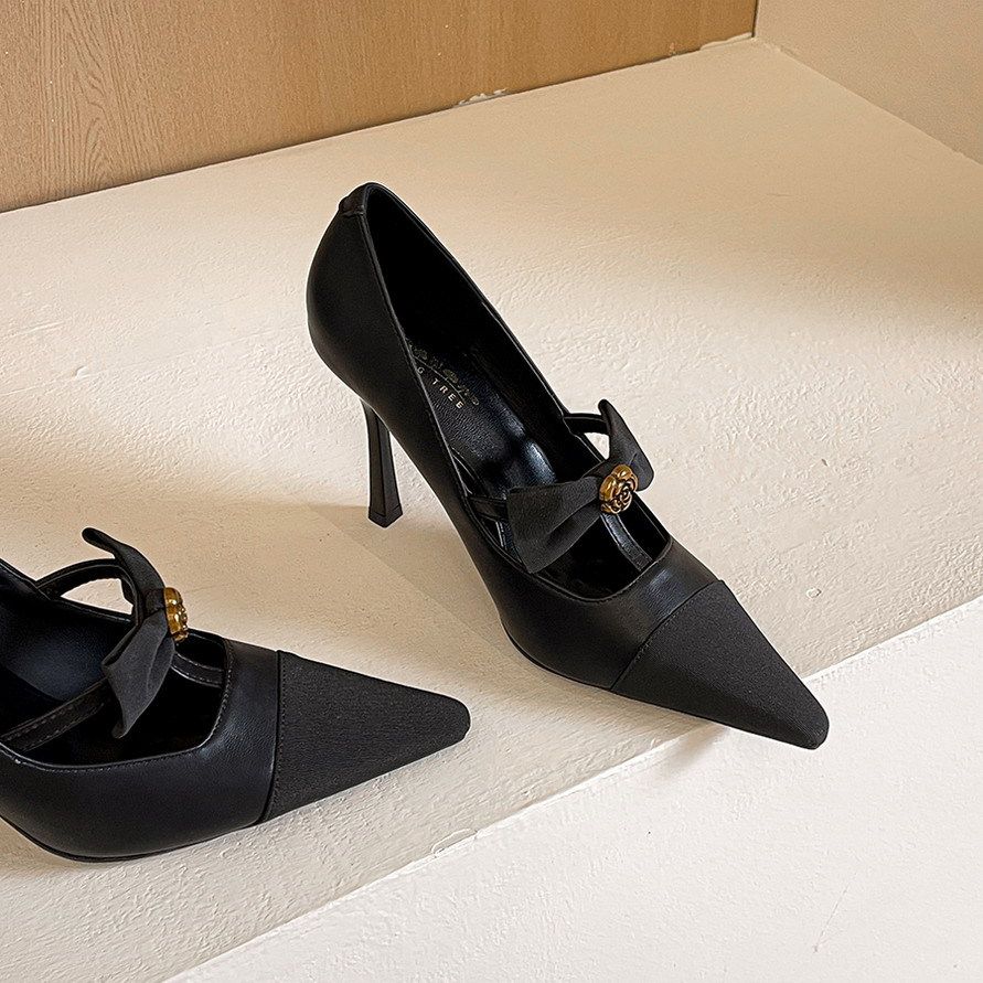 555-5 fashionable splicing Pana pattern metal flower bow T-strap super high-heeled banquet shoes