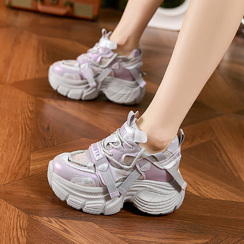 Giày sneaker nữ chunky đế dày lưới thoáng khí gót siêu cao 8 cm — Len tinh khiết, Bạc, Tím