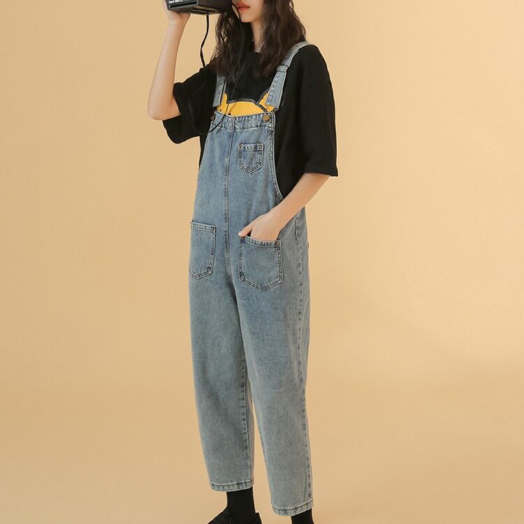 Womens Vintage Denim Overalls Loose Fit Korean Style 3 4 Length Casual Spring and Autumn Wear Wholesale Available