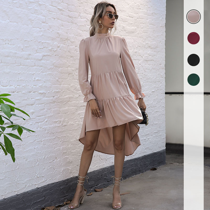 Plus Size Solid Color Asymmetrical Midi Dress Long Sleeve High Neck Fashionable Design Ideal for Casual or Formal