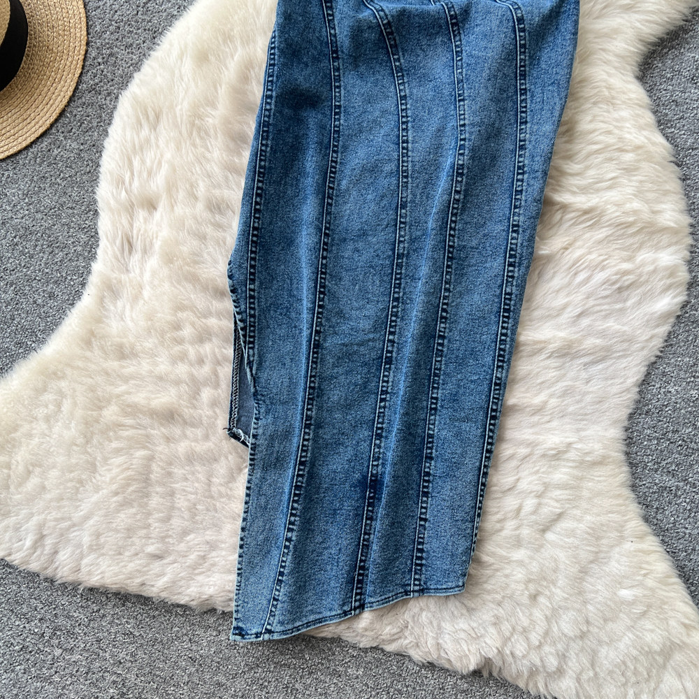 Korean Style Denim A Line Maxi Dress for Women Slim Fit High Waist Sleeveless Summer Fashion Wholesale Available