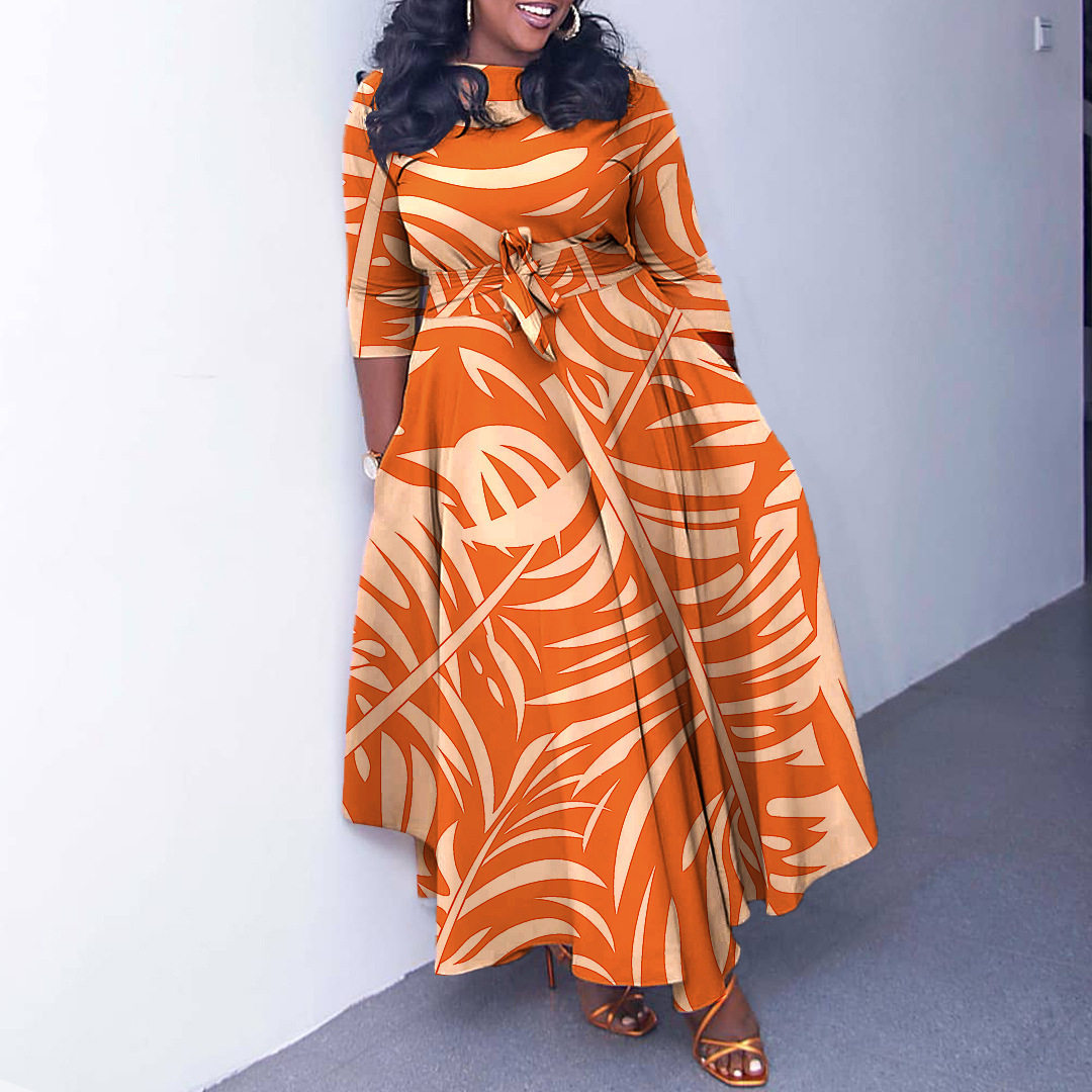 Plus Size African Print Midi Dress Stylish Tie Design Elegant Floral Pattern Spring Fashion Wholesale Available