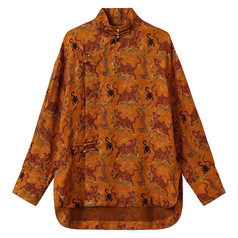 Áo sơ mi nữ dài tay cổ đứng dáng suông họa tiết dệt jacquard — Vàng hổ phách (phát hành trong cùng ngày), Vàng hổ phách (tóc 7 ngày)