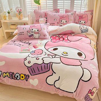 Nantong Home Textile Sanrio Cartoon Milk Velvet Bed Four-piece Set Winter Thickened Coral Velvet Three-piece Set Bed Cover