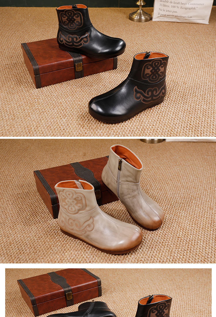 Boot nữ cổ thấp da bò thật đế bằng mềm êm chân — đen, xám