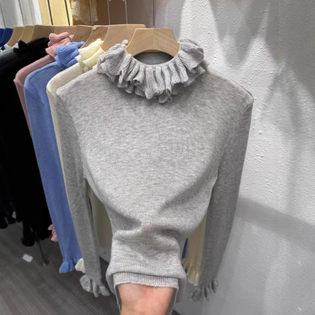 Autumn New Lace Collar Knit Sweater for Women with Ruffled Edges, High-End Feel, Half-High Collar, Wool Blend Base Shirt, Trendy