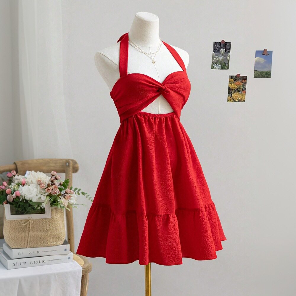 Red Backless Mini Dress Sexy Halter Neck Summer Fashion Lightweight Fabric Perfect for Parties and Night Out