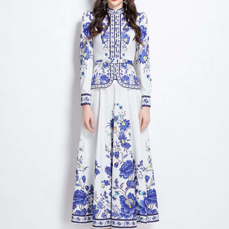 French Style Womens Two Piece Dress Set Floral Print Puff Sleeves High Waist Flared Skirt Elegant Occasion Wear