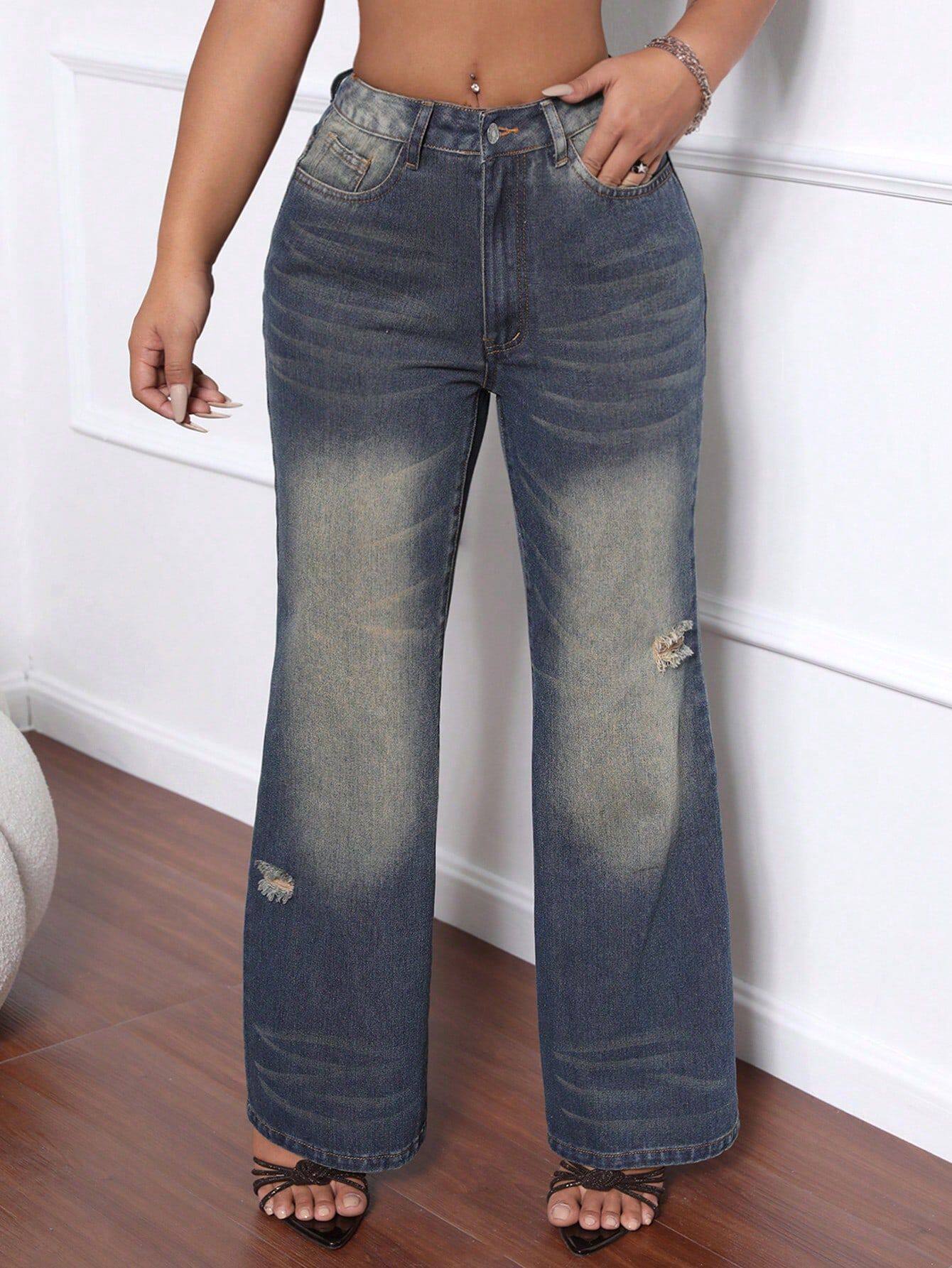 Womens Distressed Wide Leg Jeans Straight Cut Ripped Design Casual Style Wholesale Available