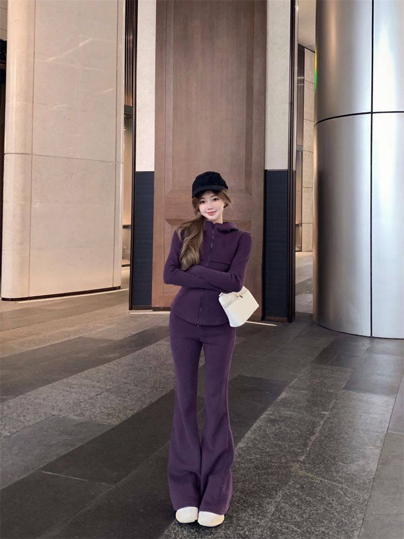 Hooded Cardigan Sweatshirt Versatile Slimming Wide-Leg Pants Two-Piece Set for Women Autumn and Winter New Fashion Casual Sports Suit