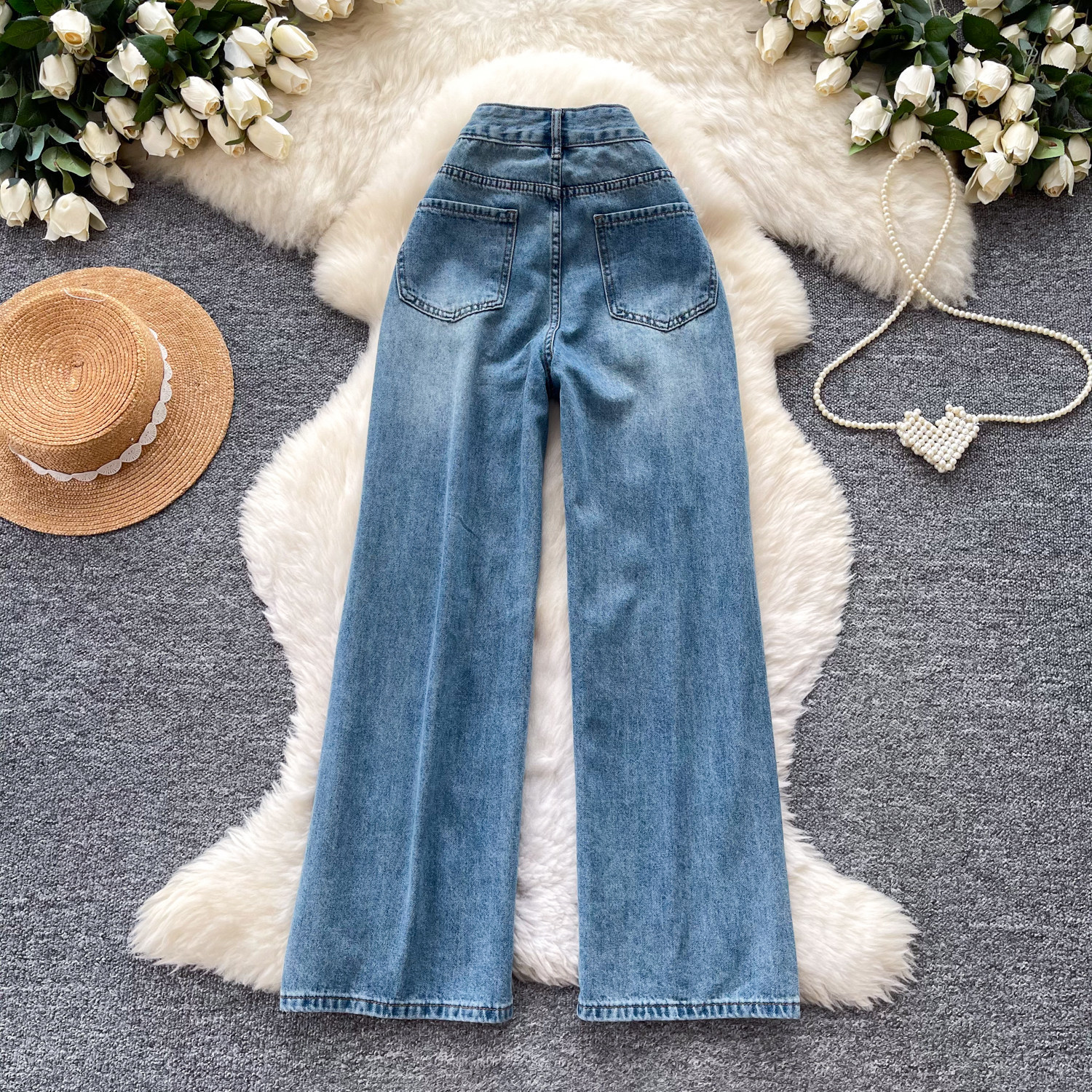 High Waisted Cartoon Embroidered Wide Leg Jeans for Women Summer Casual Loose Fit Blue Available in Small Sizes