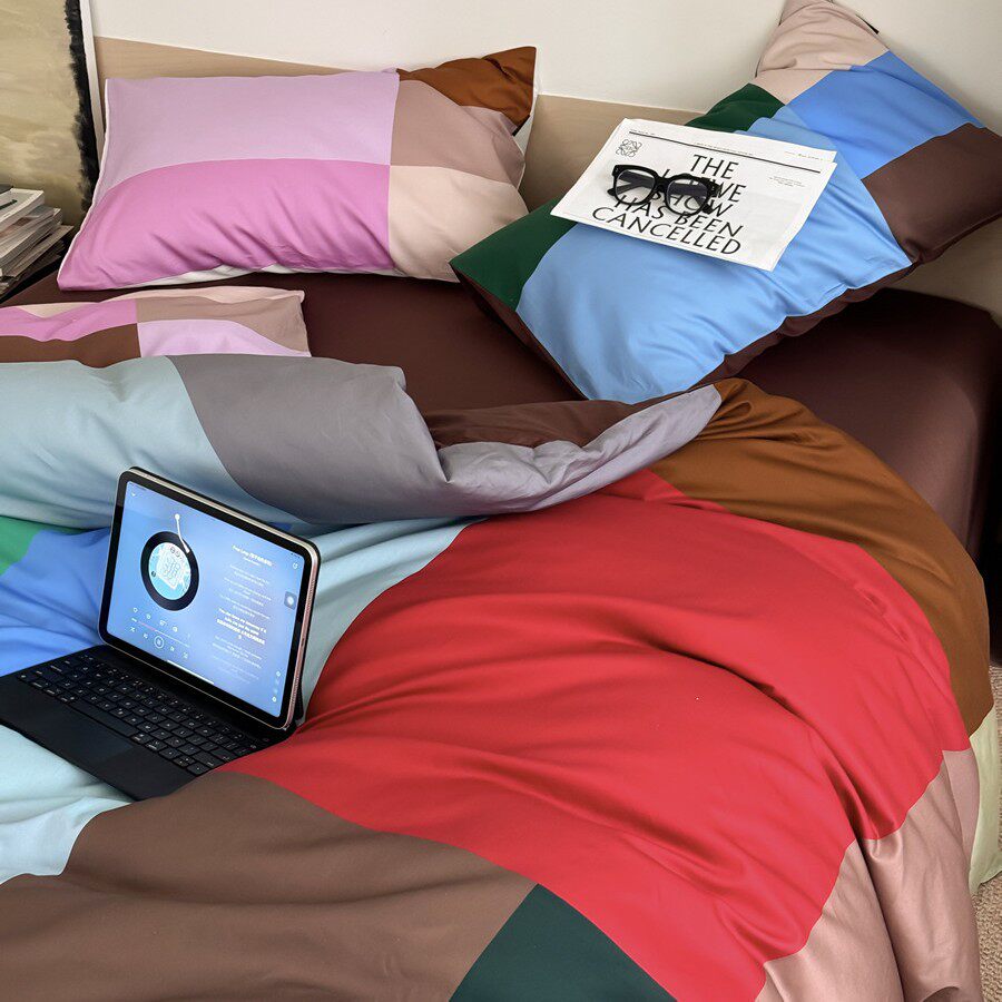 Color Bauhaus Fashion Simple Plaid Cotton Bed Four-Piece Set Cotton Bed Sheet Quilt Cover Bed Hat Double Bedding