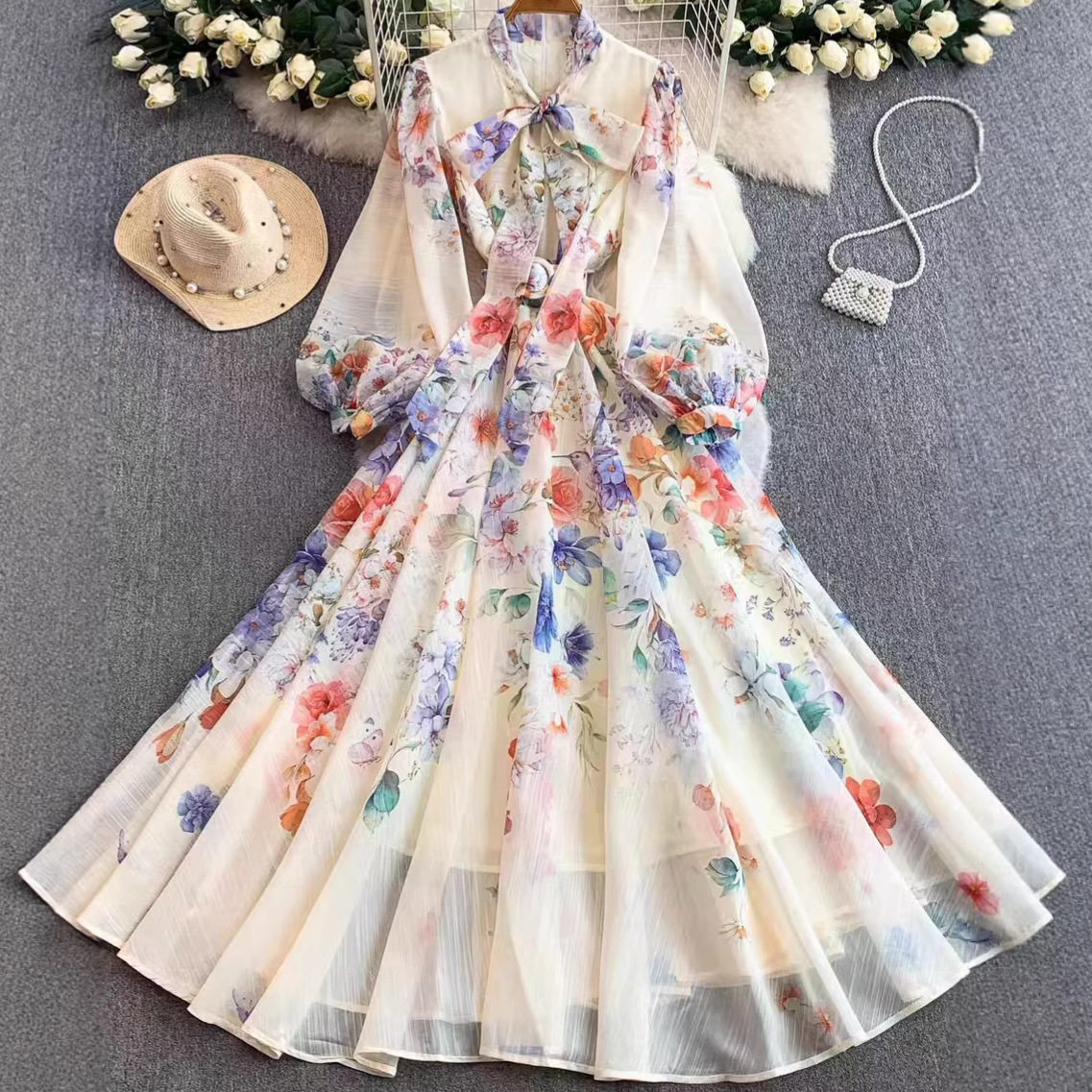 French Vacation Style Floral Print V Neck Dress Bow Detail Waist Defined Elegant A Line Skirt Spring and Autumn Wear
