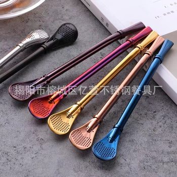304 stainless steel mesh red yerba mate tea suction pipe Spoon one-piece creative mixing dual-purpose residue juice scented tea filter