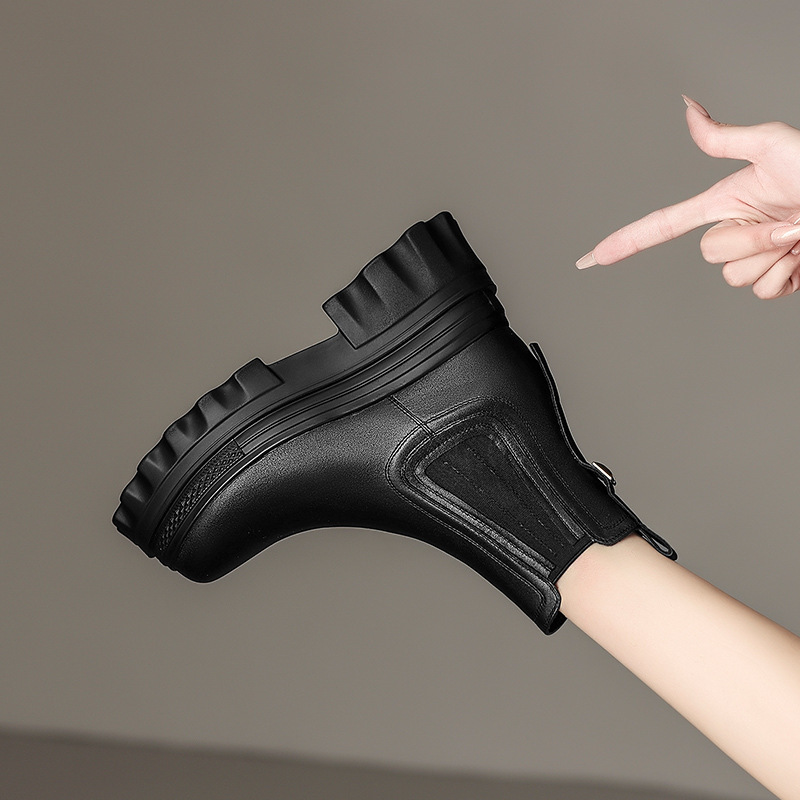 Boot nữ cổ thấp gót cao kéo khóa sau, đế dày tôn dáng, da bò thật — Lớp lót đơn màu be, Lớp lót nhung màu be, Màu đen một lớp, nhung đen