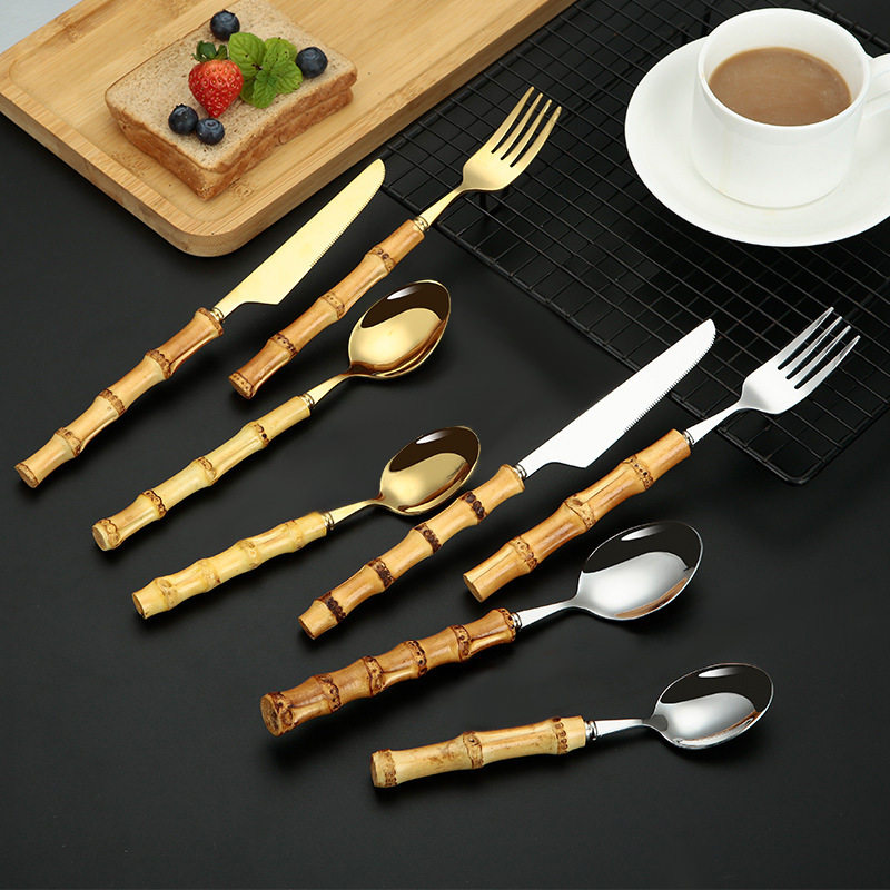 Cross-border stainless steel creative natural bamboo handle knife, fork and spoon vintage steak knife, fork and spoon Four-Piece Gift Set suit wholesale