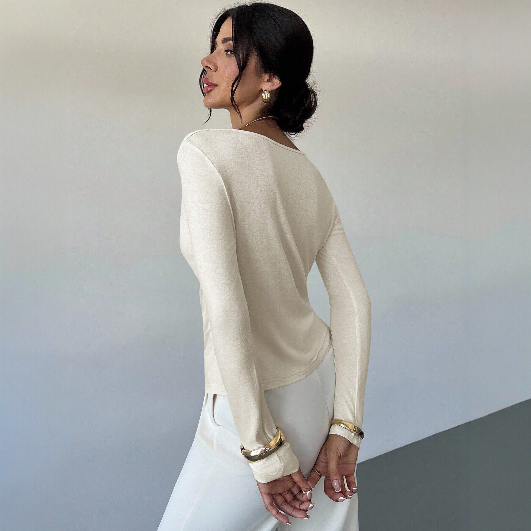 Womens Long Sleeve Asymmetrical Neck Pleated Top Slim Fit Elegant Style Soft Fabric Perfect for Office Wear