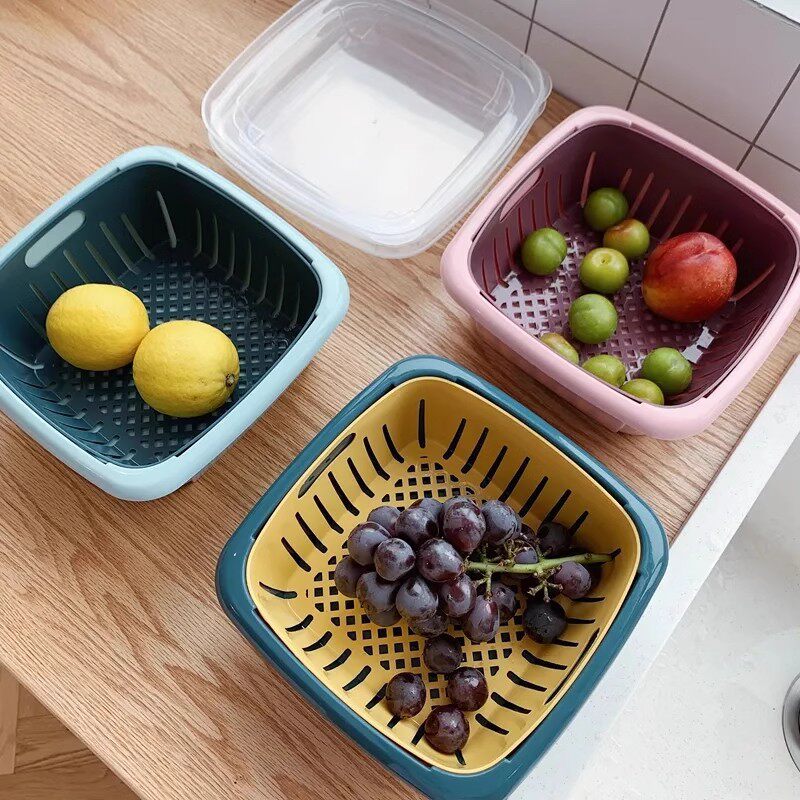 Double-Layer Vegetable Washing Basin with Plastic Draining Basket, Colander for Washing Rice, Vegetable Basket, Fruit Washing Tray, Practical Water-Draining Basin