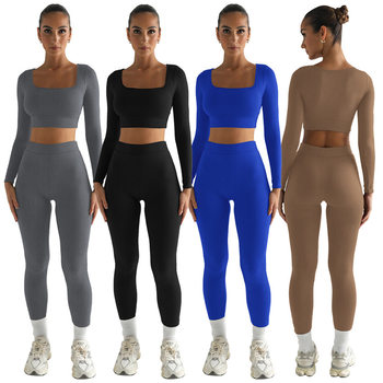 European and American Cross-Border Women's Clothing 2024 Winter New Pure Color Long-Sleeved Square Collar Two-Piece Slim Fashion Suit Women's Ready Stock