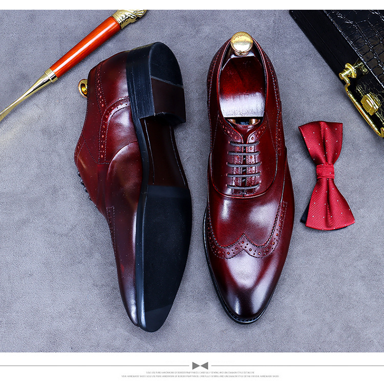 Giày da nam derby mũi tròn chạm khắc brogue cổ thấp buộc dây — Màu nâu, Màu đen, Màu đỏ rượu, Màu cà phê