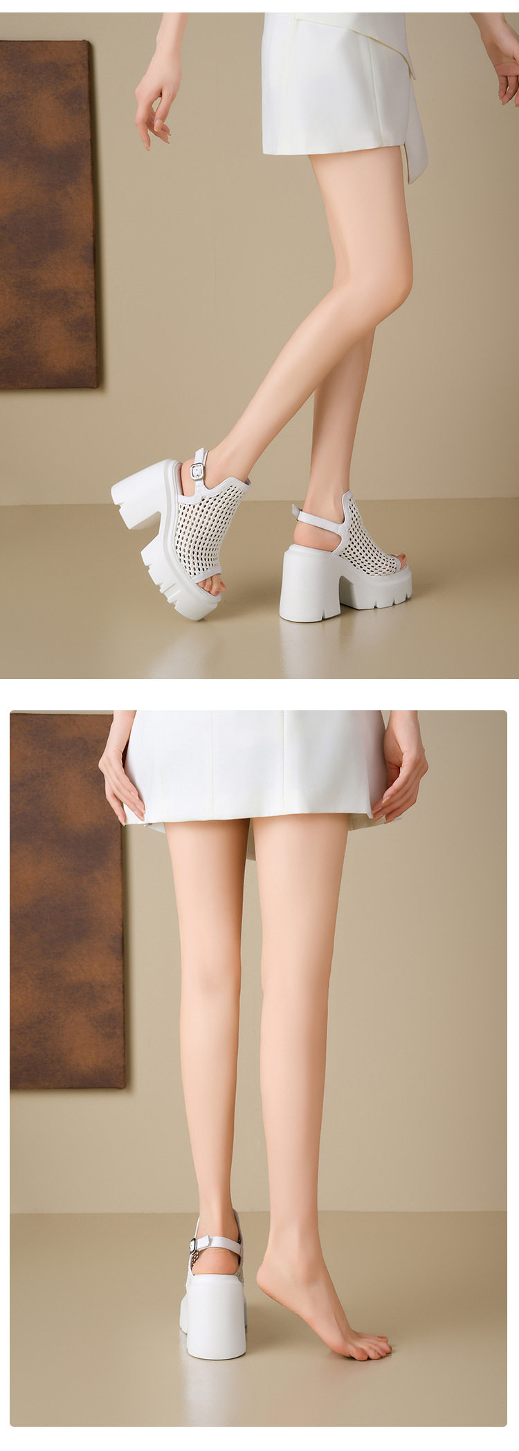 Sandal cao gót nữ hở mũi quai ngang đan chéo, gót siêu cao 9 cm — Đen, Áo khoác sáng, Trắng chi tiết 9
