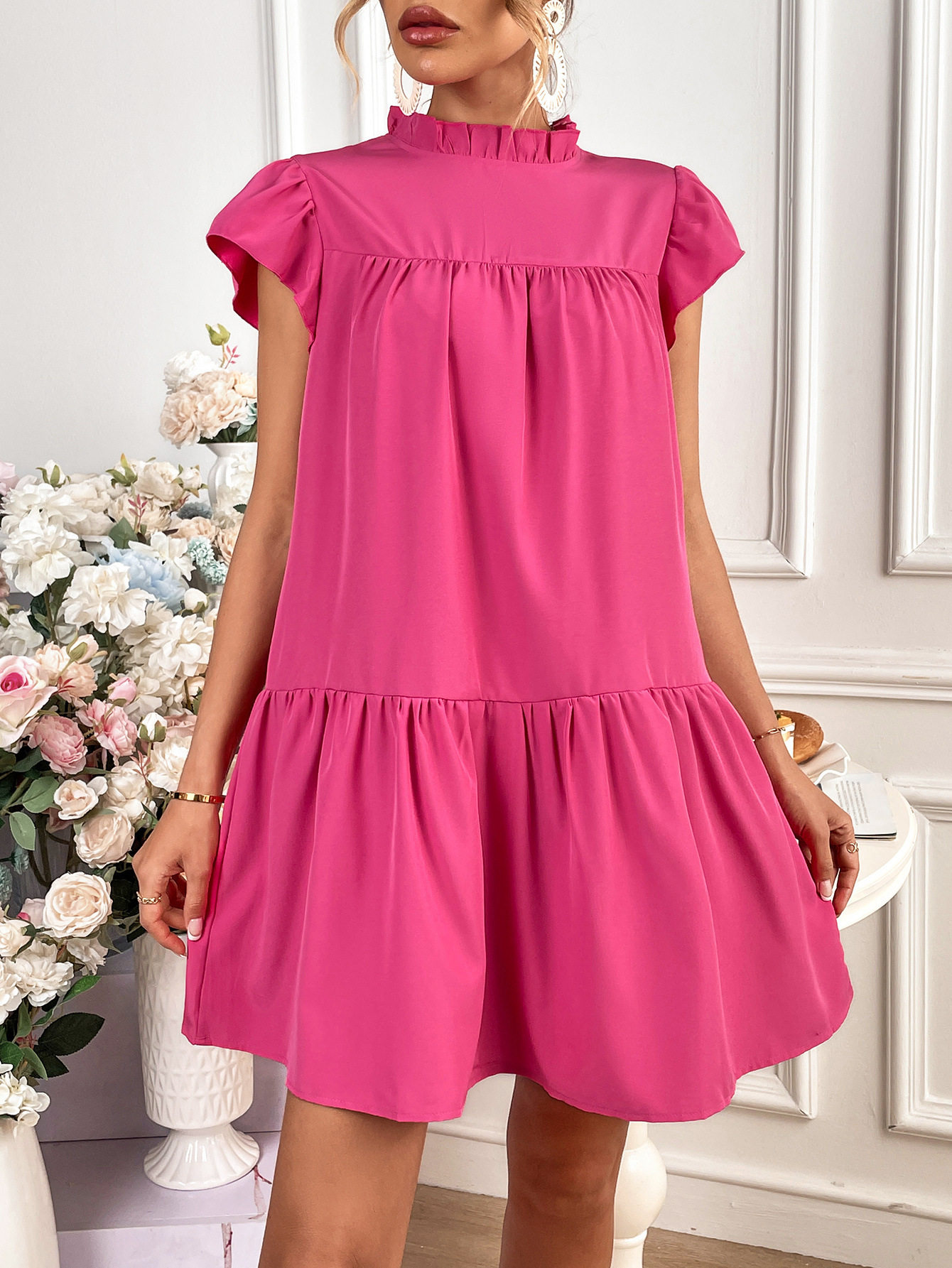Loose Fit Solid Color Pleated Dress Womens Fashion Casual Style Versatile for Daily Wear Wholesale Available
