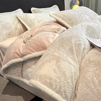 High Weight Three-Dimensional Jacquard Carved Milk Velvet Four-Piece Coral Velvet Bed Sheet Warm Double-Sided fleece-lined Quilt Cover