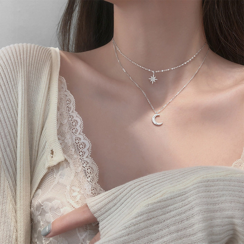 K-Style Ins Silver Sparkling Diamond Starburst Moon Double-Layer Necklace Niche Female Clavicle Chain Design Accessible Luxury New Style