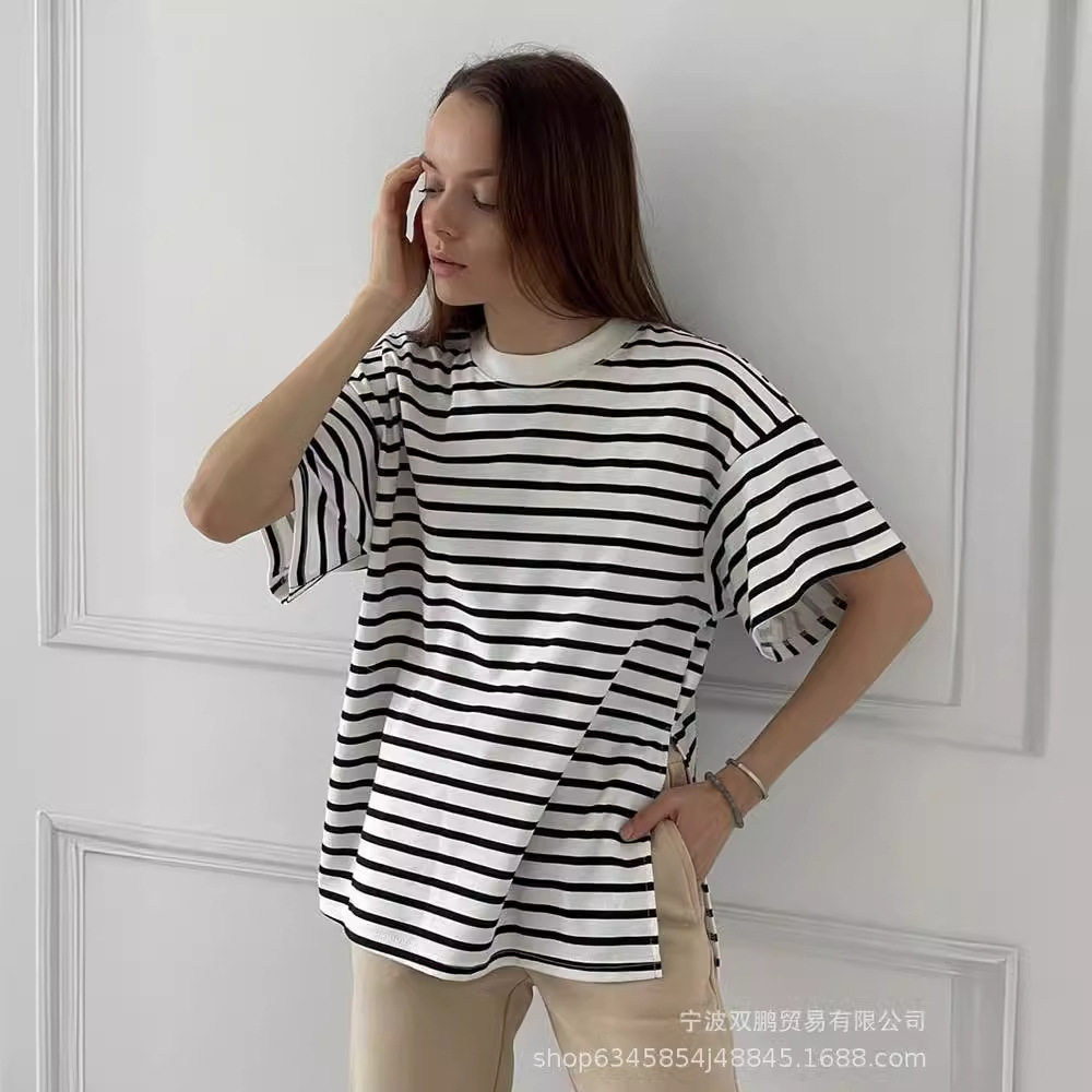 Womens Striped Cotton T Shirt Loose Fit Long Sleeve Split Hem Casual Spring Summer Style Wholesale Available