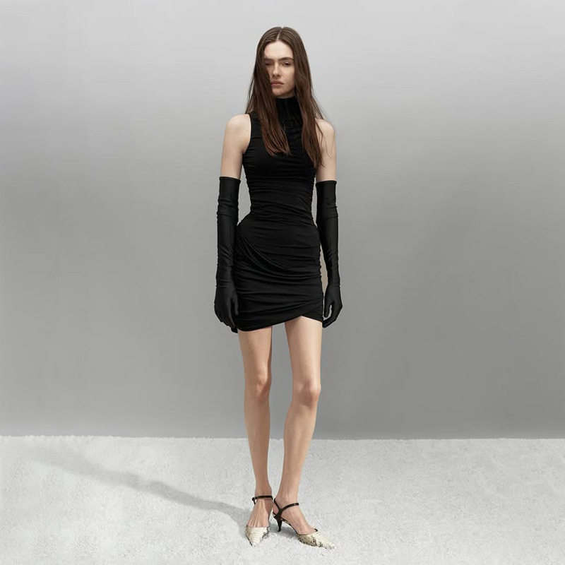 Womens Sleeveless Bodycon Dress Solid Color Pleated Design Slim Fit Casual or Party Wear Wholesale Available