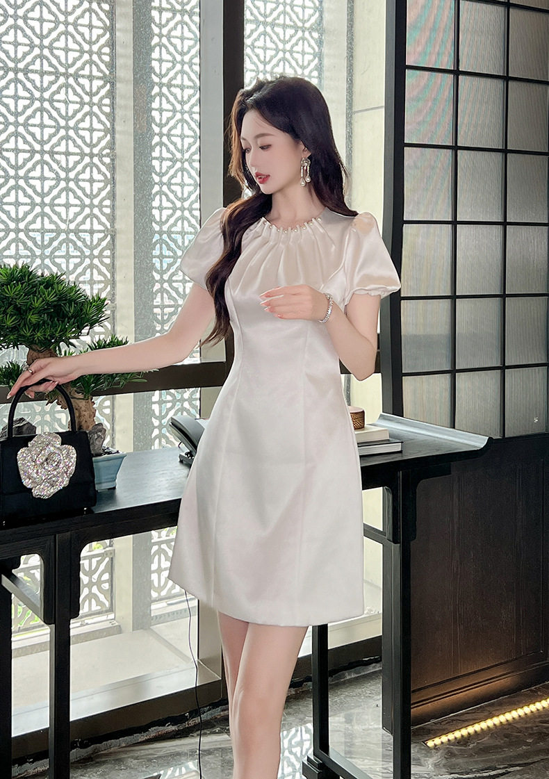 Đầm suông nữ midi cổ tròn phong cách Pháp ôm nhẹ — [Đen], [Trắng] chi tiết 8