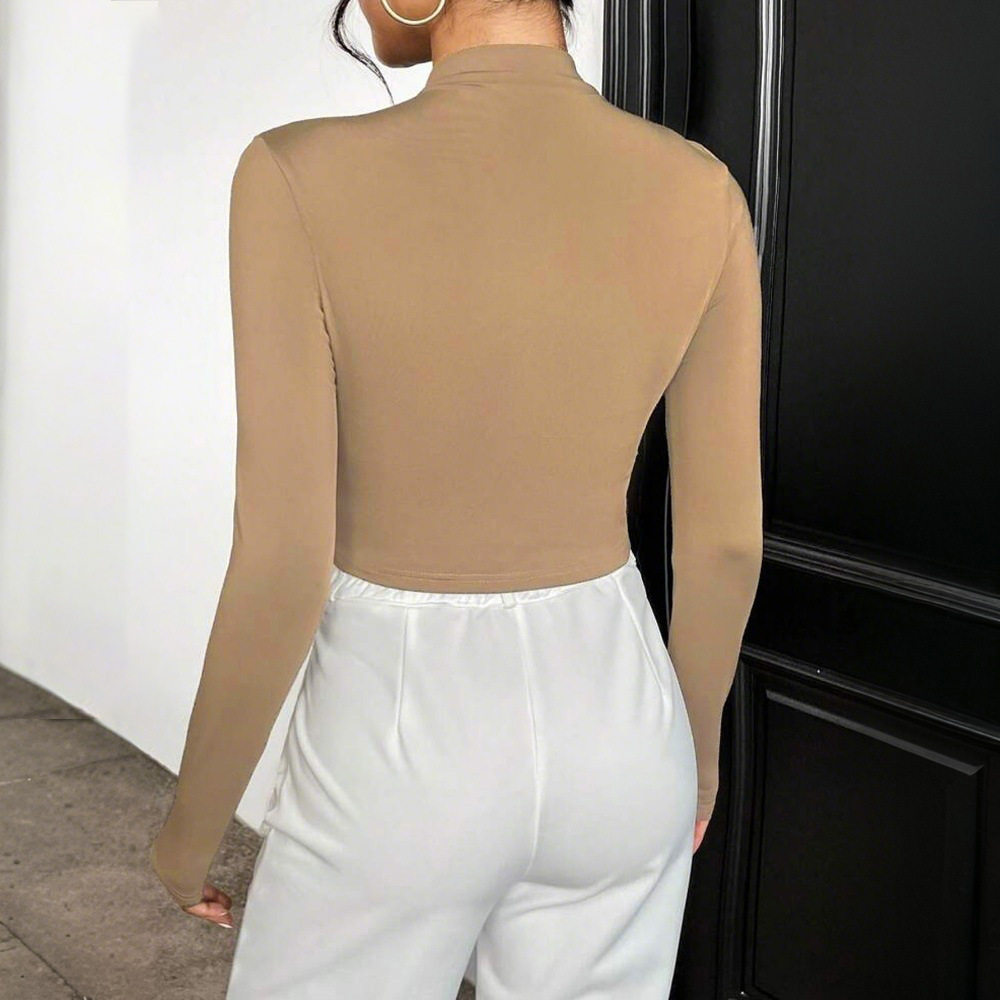 Elegant Womens Cropped T Shirt Slim Fit Half High Neck Long Sleeve Solid Color Summer Casual Wear Wholesale