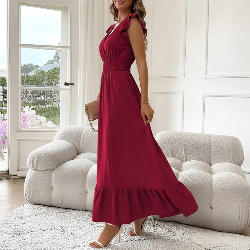 Summer Womens Dress Elegant Solid Color Waist Defined Pleated Design Casual or Formal Occasions Wholesale Available